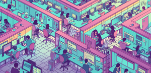 Cover picture of an AI generated office setting with a maze of cubical walls and workers for our Ergonomic tech blog.. 