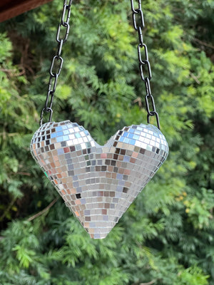 Open image in slideshow, hanging heart planter pot with disco mirror ball tiles, hanging from a spinning chain
